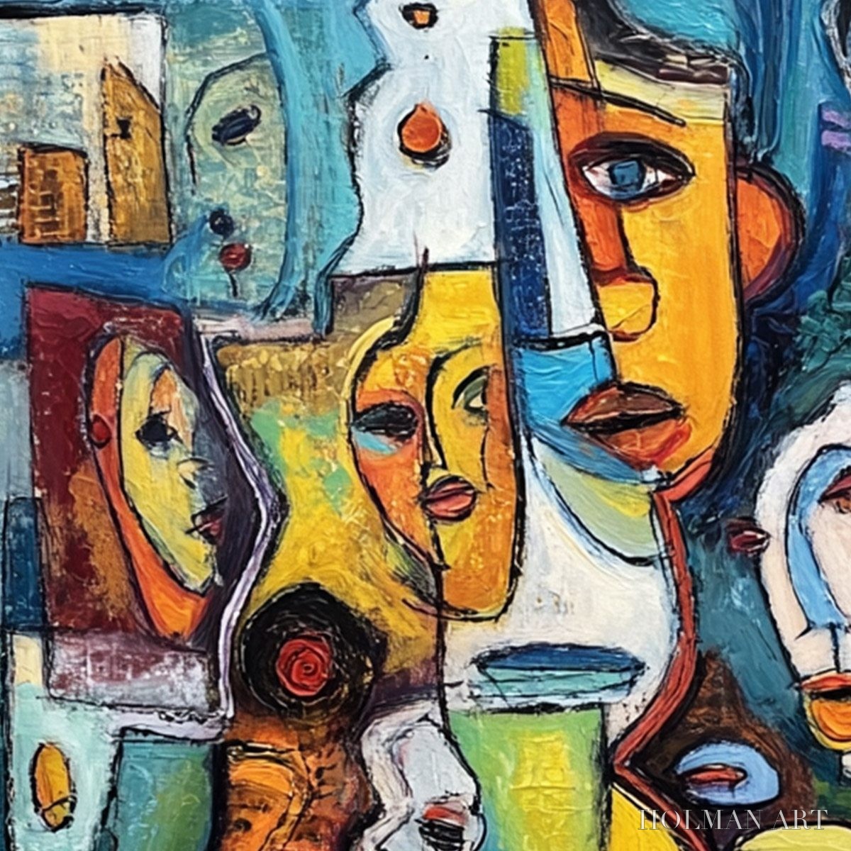 HOLMAN ART Mosaic of Minds – Colorful Abstract Figurative Faces Oil Painting - image 5