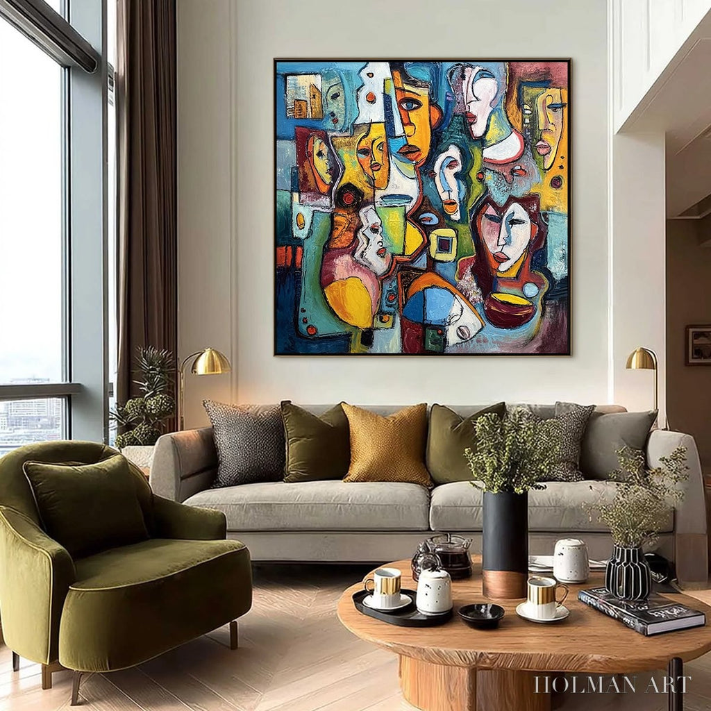 HOLMAN ART Mosaic of Minds – Colorful Abstract Figurative Faces Oil Painting - image 6