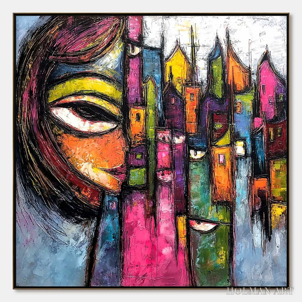 HOLMAN ART Urban Muse – Large Colorful Abstract Portrait and Cityscape Painting - image 1