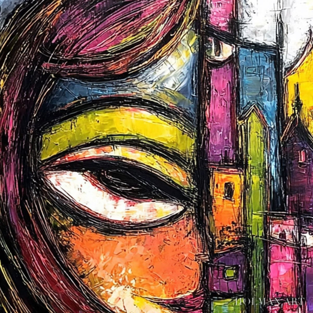HOLMAN ART Urban Muse – Large Colorful Abstract Portrait and Cityscape Painting - image 3