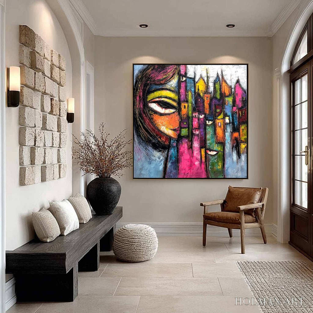 HOLMAN ART Urban Muse – Large Colorful Abstract Portrait and Cityscape Painting - image 4