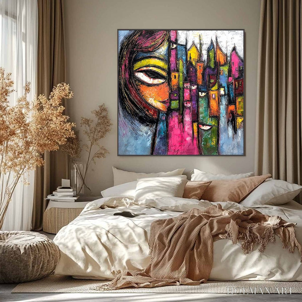 HOLMAN ART Urban Muse – Large Colorful Abstract Portrait and Cityscape Painting - image 6