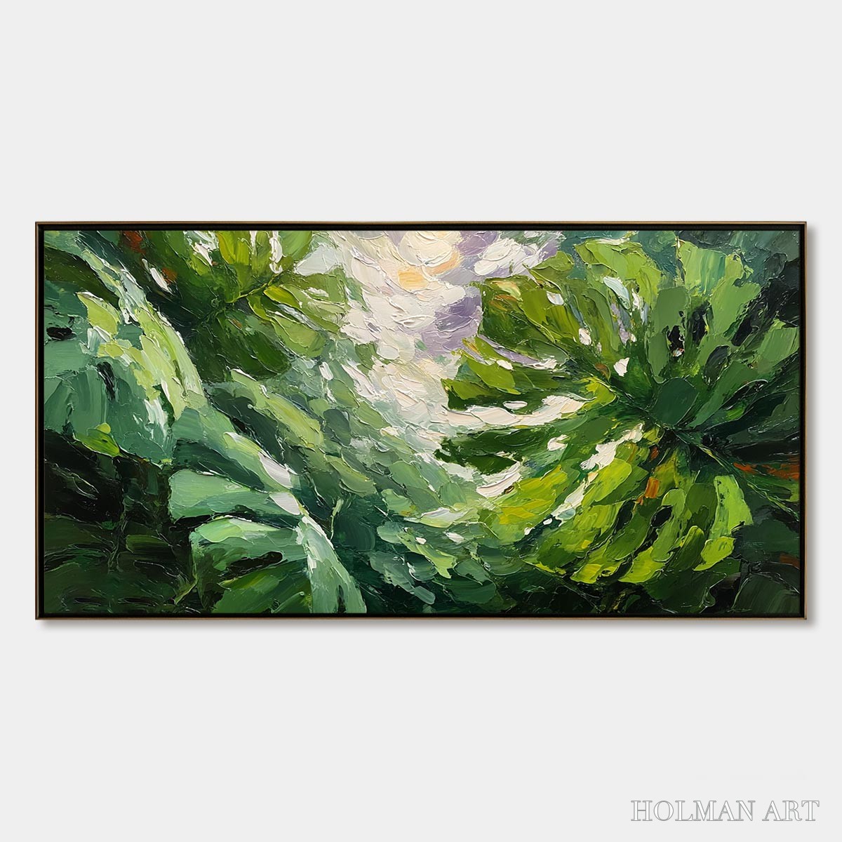 HOLMAN ART Emerald Gaze – Textured Palette Knife Painting of Sunlit Tropical Leaves - image 1