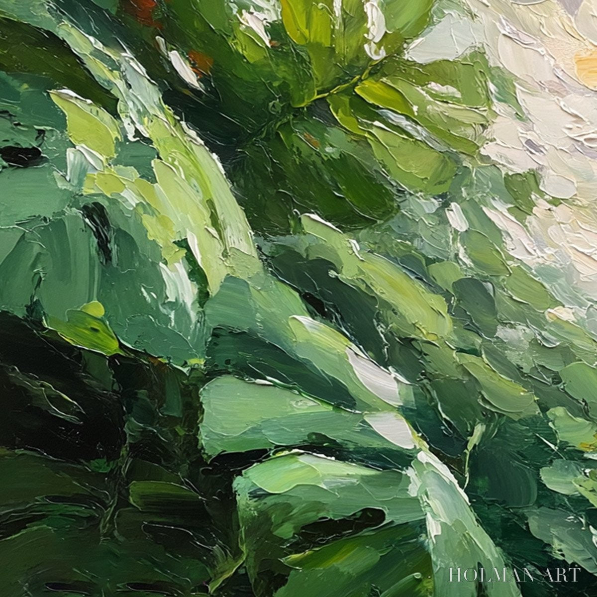 HOLMAN ART Emerald Gaze – Textured Palette Knife Painting of Sunlit Tropical Leaves - image 3