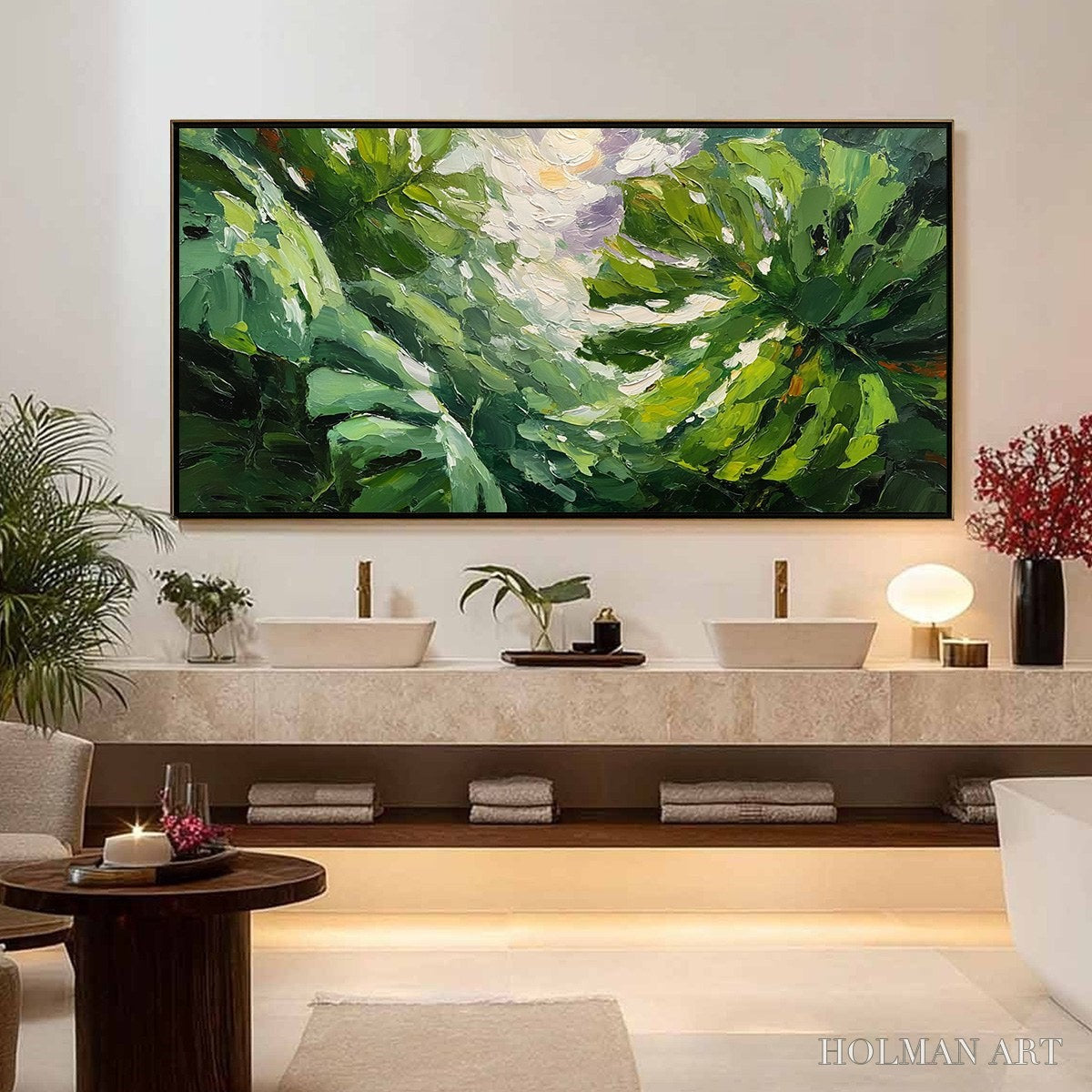 HOLMAN ART Emerald Gaze – Textured Palette Knife Painting of Sunlit Tropical Leaves - image 4