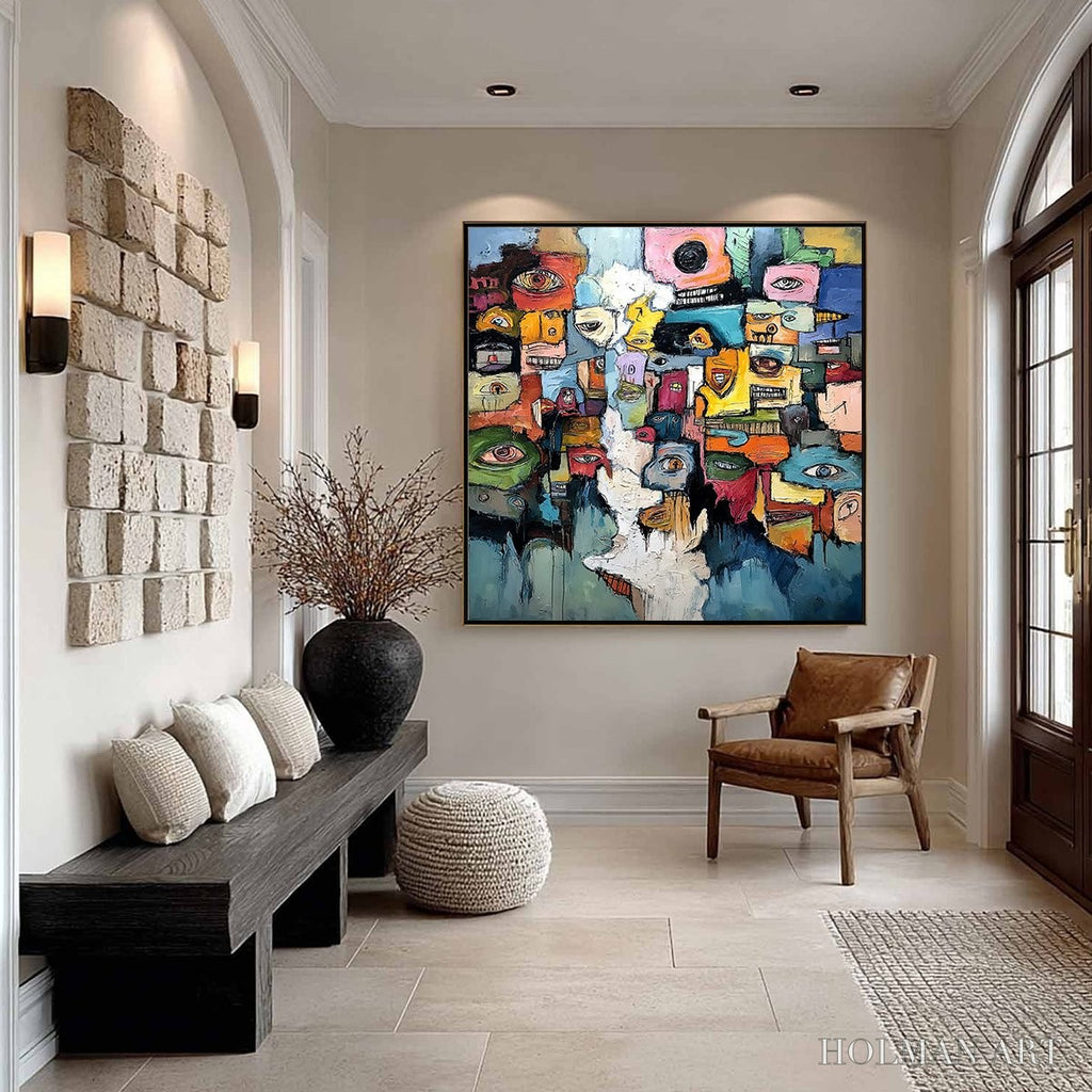 HOLMAN ART Kaleidoscope of Souls – Large Colorful Abstract Faces Oil Painting - image 4