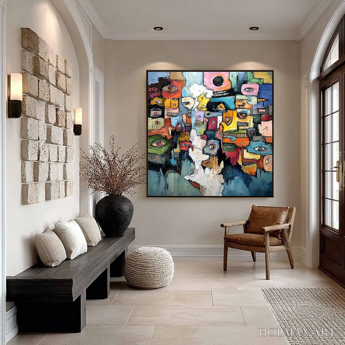 HOLMAN ART Kaleidoscope of Souls – Large Colorful Abstract Faces Oil Painting - image 4
