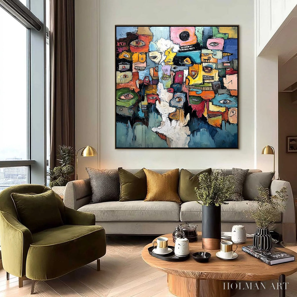 HOLMAN ART Kaleidoscope of Souls – Large Colorful Abstract Faces Oil Painting - image 6