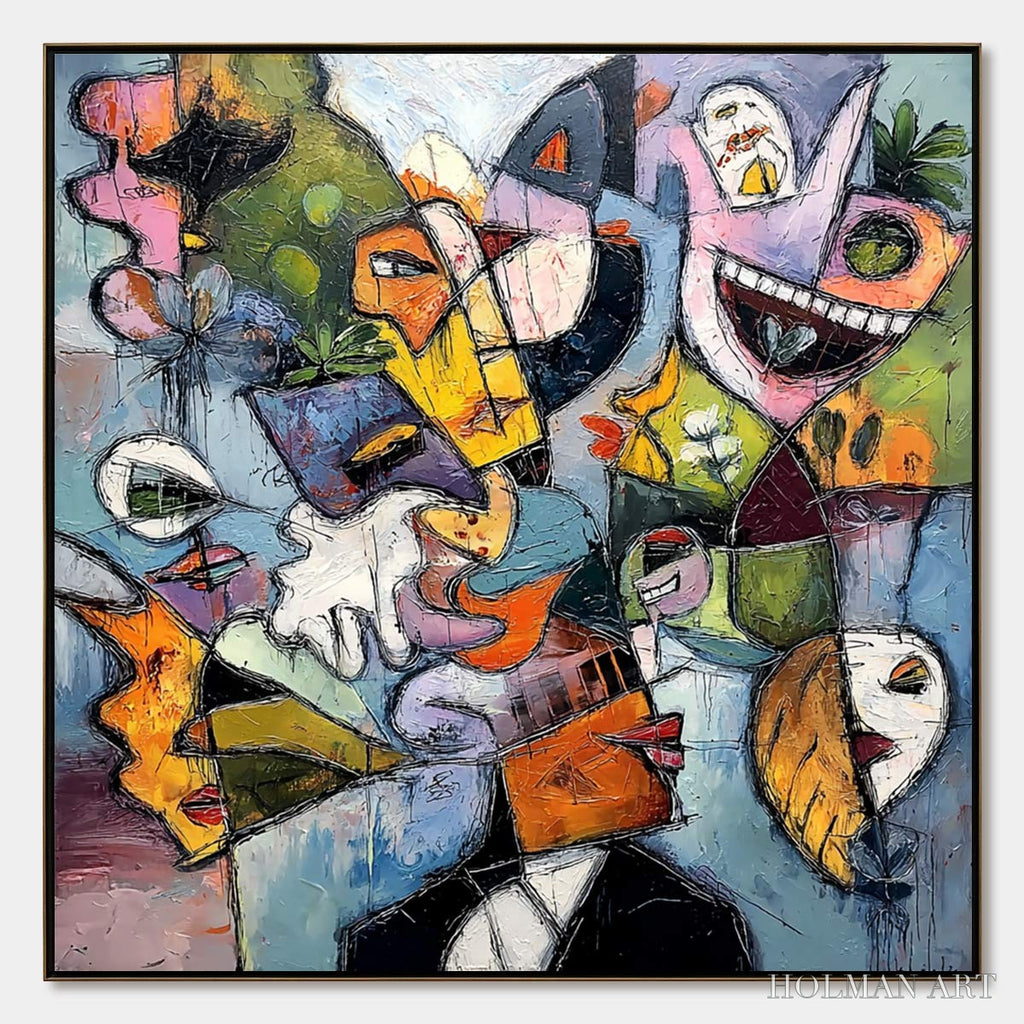 HOLMAN ART Carnival of Souls – Large Colorful Abstract Faces Oil Painting - image 1