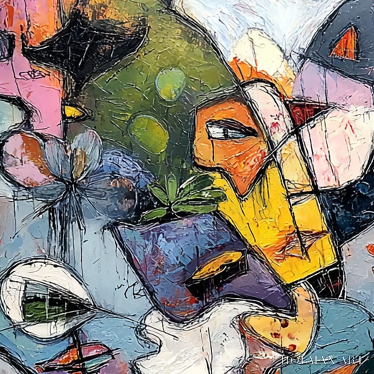 HOLMAN ART Carnival of Souls – Large Colorful Abstract Faces Oil Painting - image 5