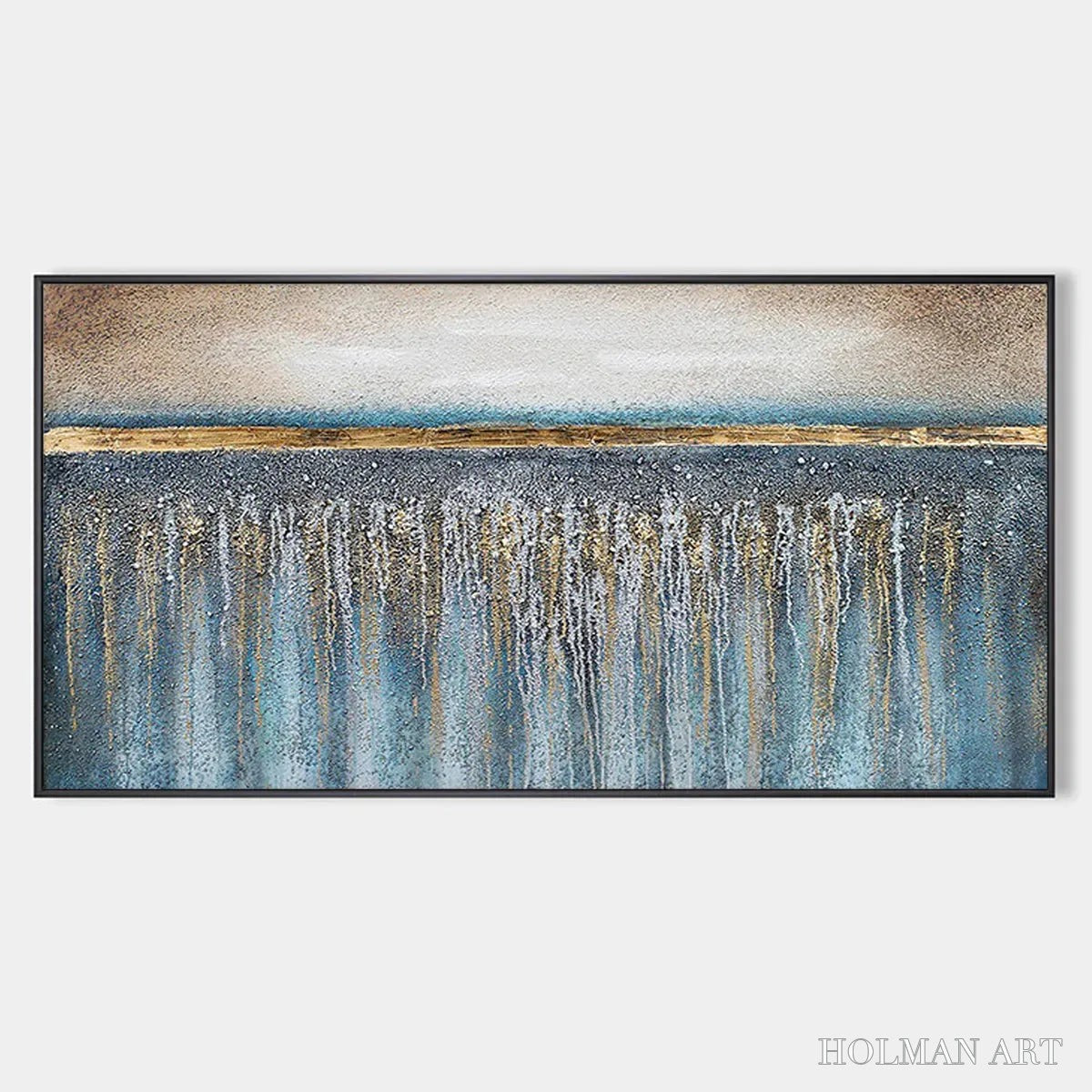 HOLMAN ART Golden Horizon – Panoramic Abstract Oil Painting with Gold and Blue - image 1