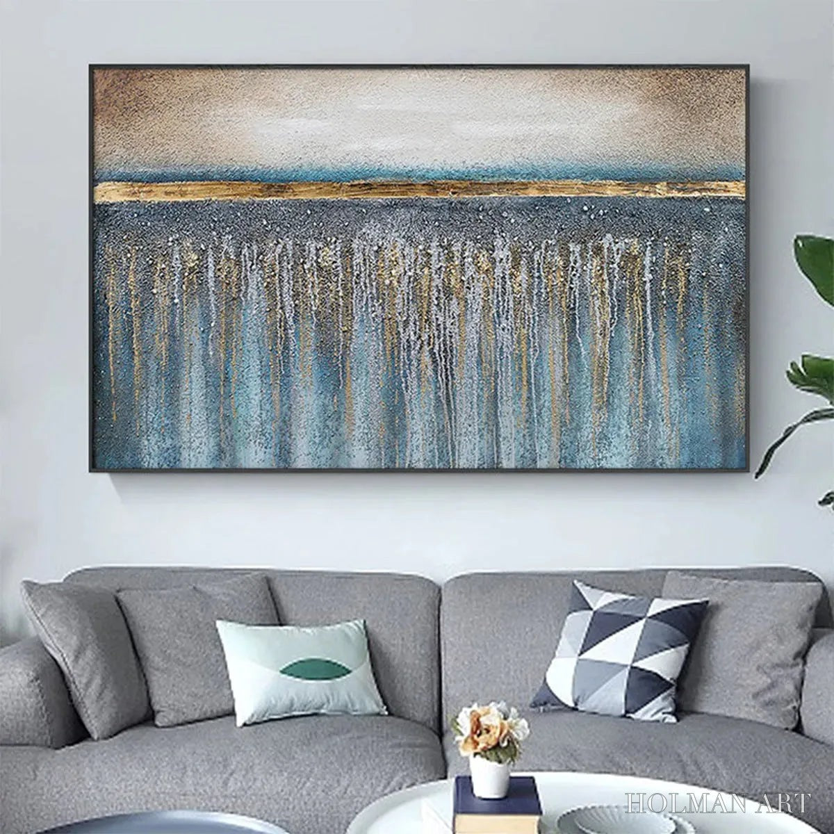 HOLMAN ART Golden Horizon – Panoramic Abstract Oil Painting with Gold and Blue - image 2