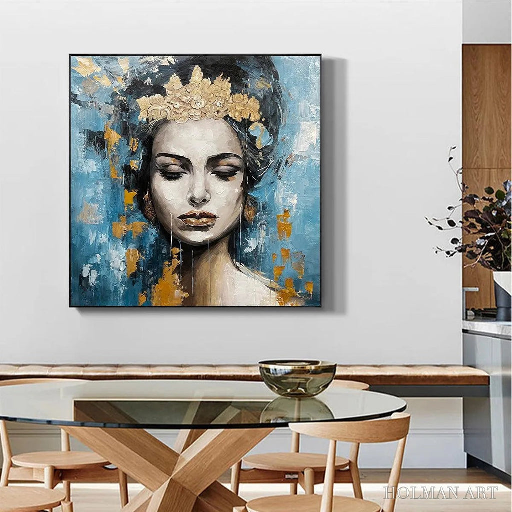 HOLMAN ART Golden Muse – Portrait Painting in Blue and Gold, Square Canvas, Modern Figurative - image 4