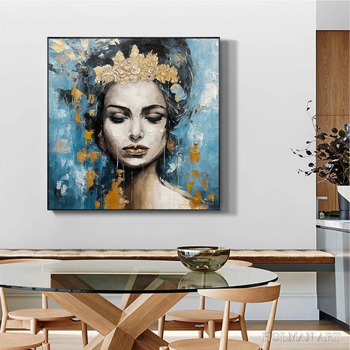 HOLMAN ART Golden Muse – Portrait Painting in Blue and Gold, Square Canvas, Modern Figurative - image 4
