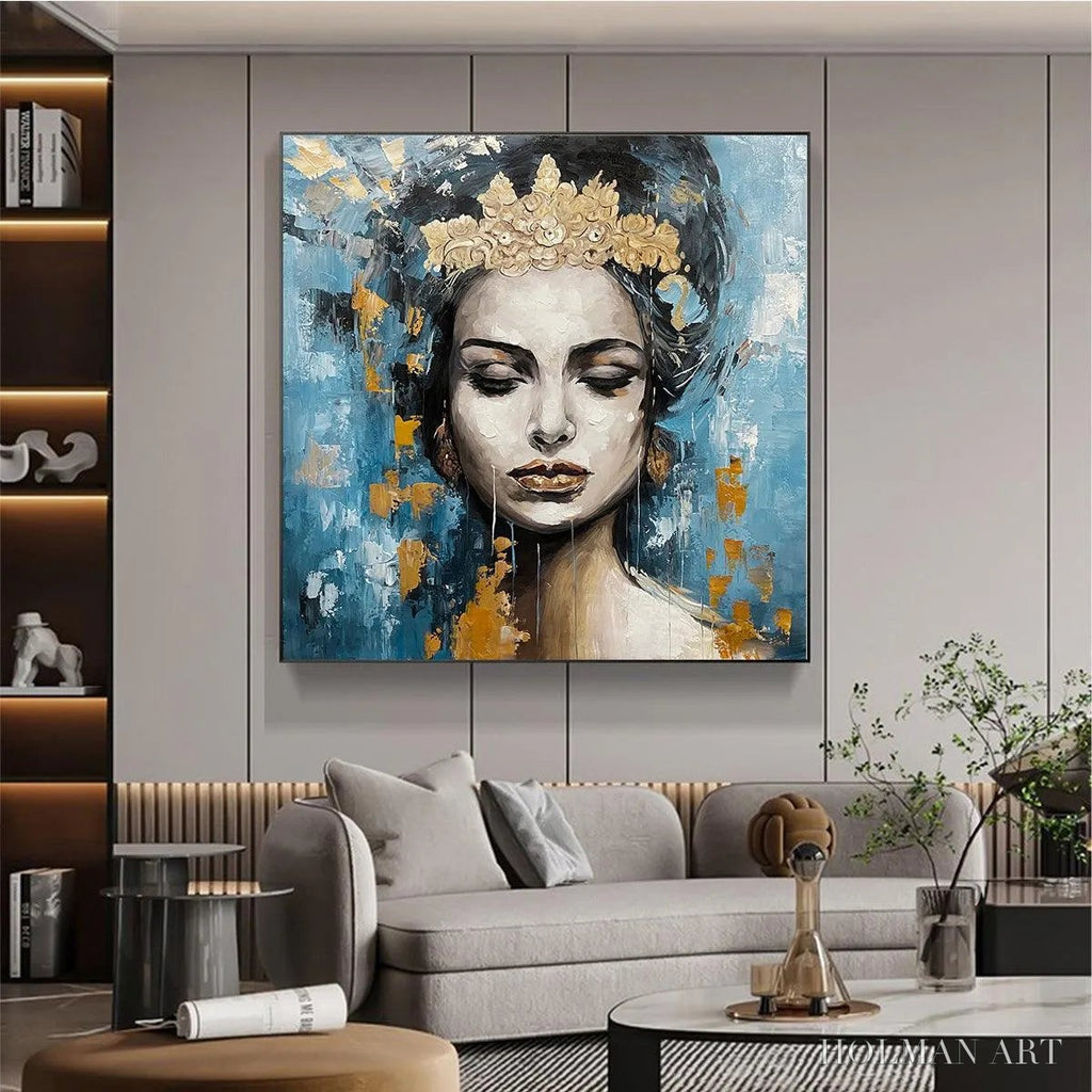 HOLMAN ART Golden Muse – Portrait Painting in Blue and Gold, Square Canvas, Modern Figurative - image 6