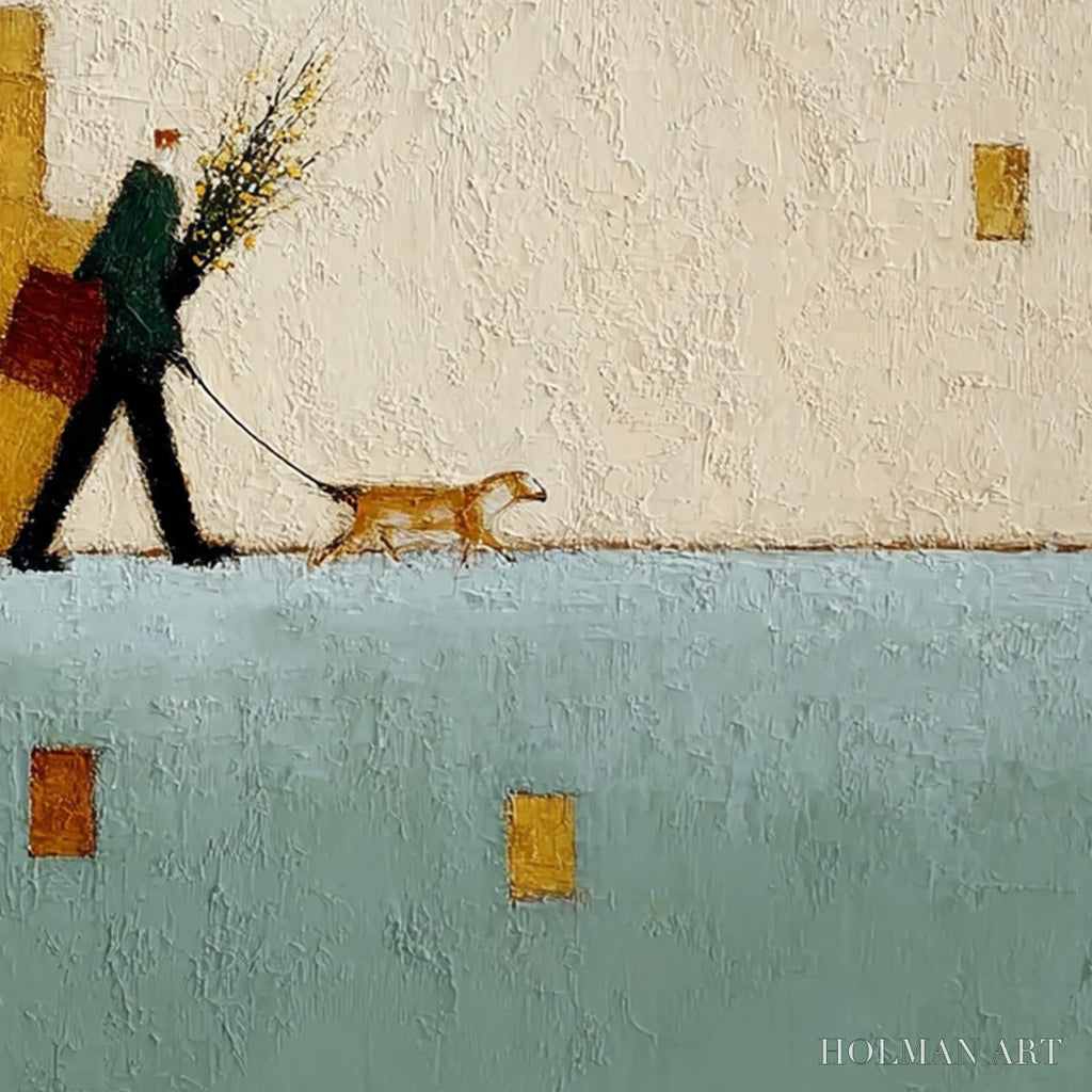 HOLMAN ART Urban Stroll – Textured Minimalist Cityscape Painting of a Person Walking a Dog - image 3