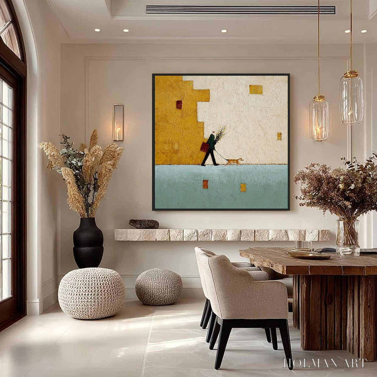 HOLMAN ART Urban Stroll – Textured Minimalist Cityscape Painting of a Person Walking a Dog - image 4