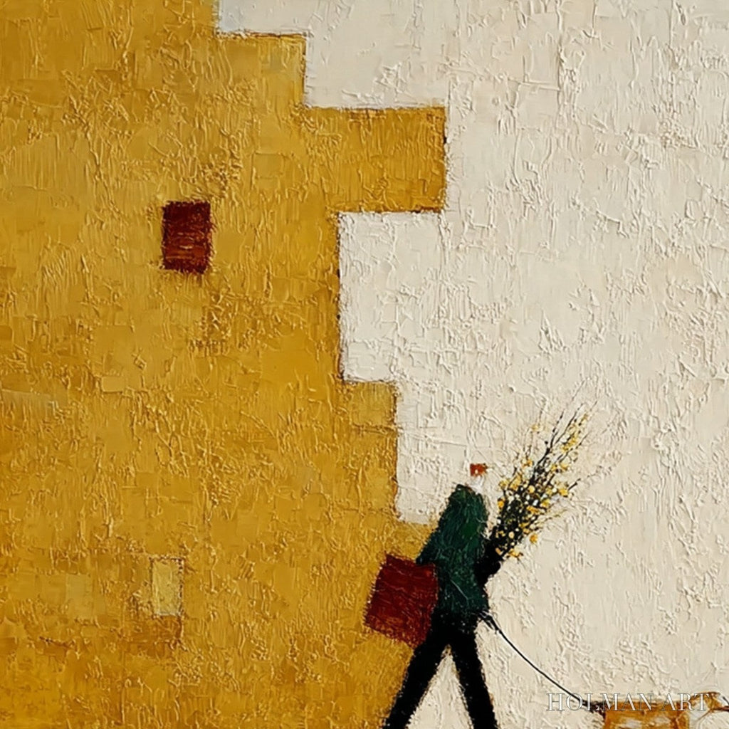 HOLMAN ART Urban Stroll – Textured Minimalist Cityscape Painting of a Person Walking a Dog - image 5