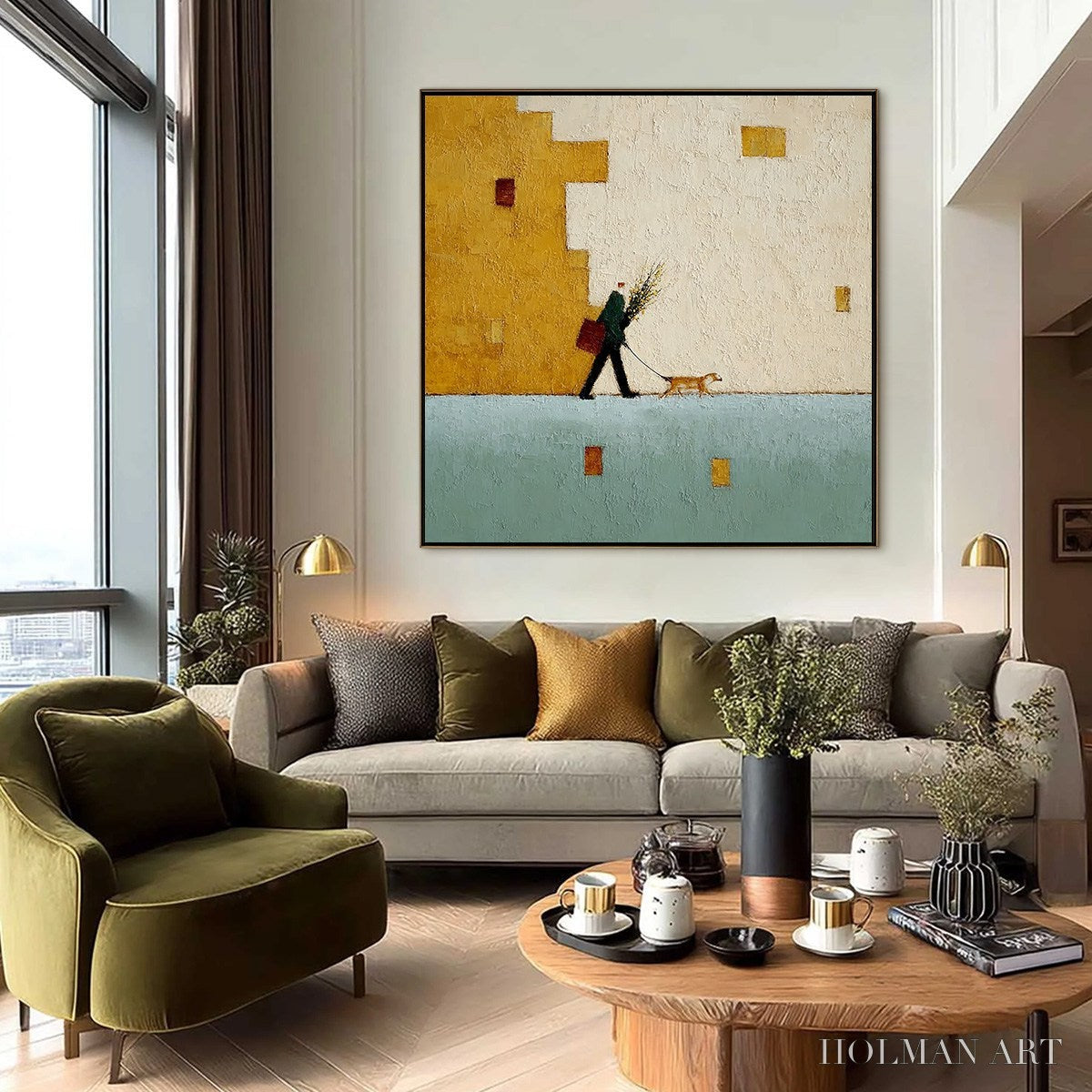 HOLMAN ART Urban Stroll – Textured Minimalist Cityscape Painting of a Person Walking a Dog - image 6