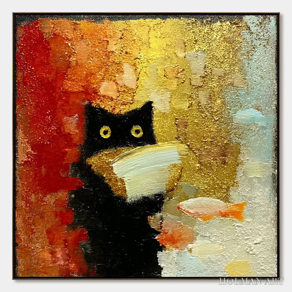 HOLMAN ART the Midnight Scholar – Whimsical Textured Impasto Black Cat Painting - image 1