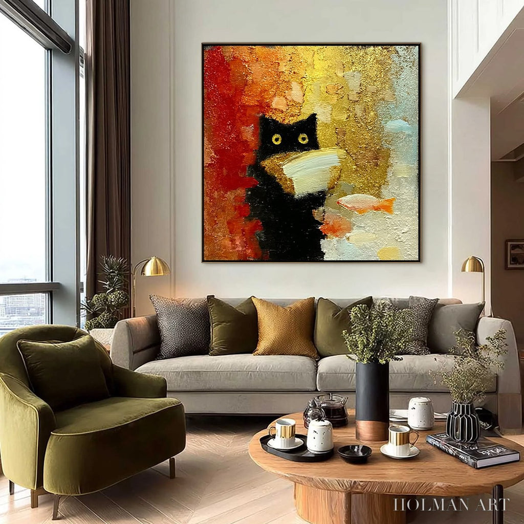 HOLMAN ART the Midnight Scholar – Whimsical Textured Impasto Black Cat Painting - image 6
