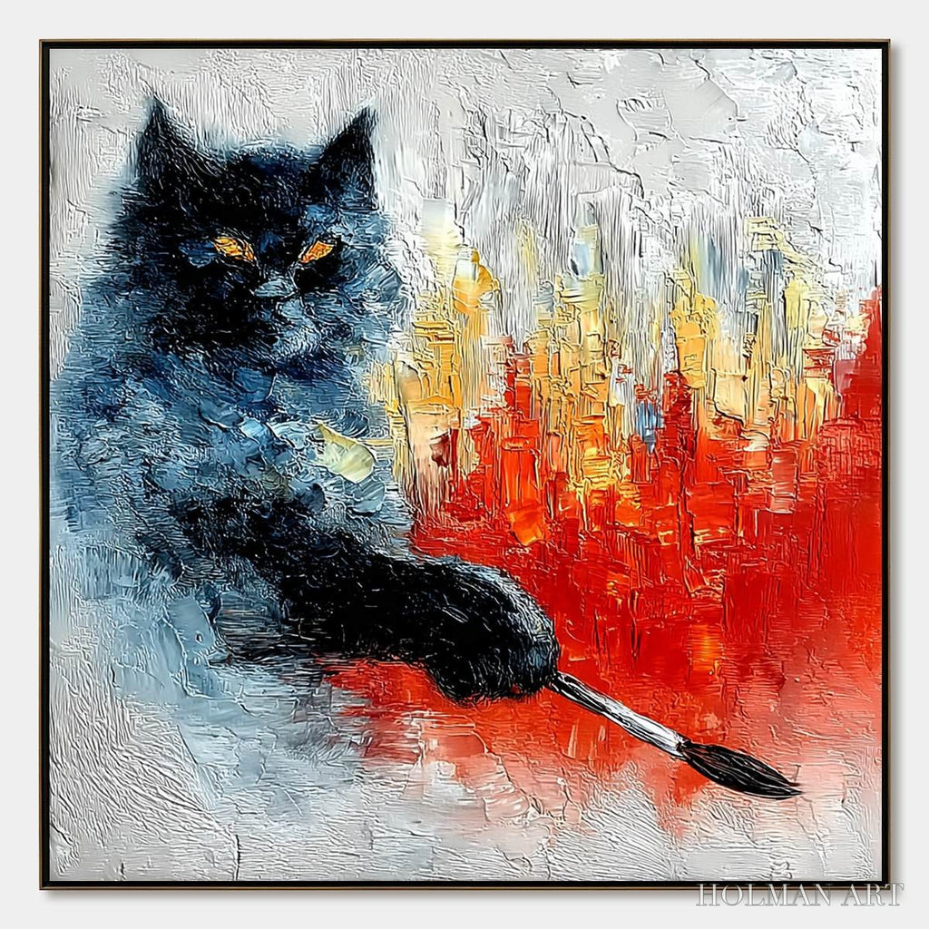HOLMAN ART Midnight Painter – Textured Impasto Black Cat Painting with Abstract Colors - image 1