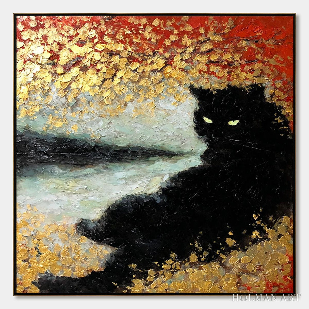 HOLMAN ART Golden Gaze – Textured Impasto Black Cat Painting with Gold Leaf - image 1