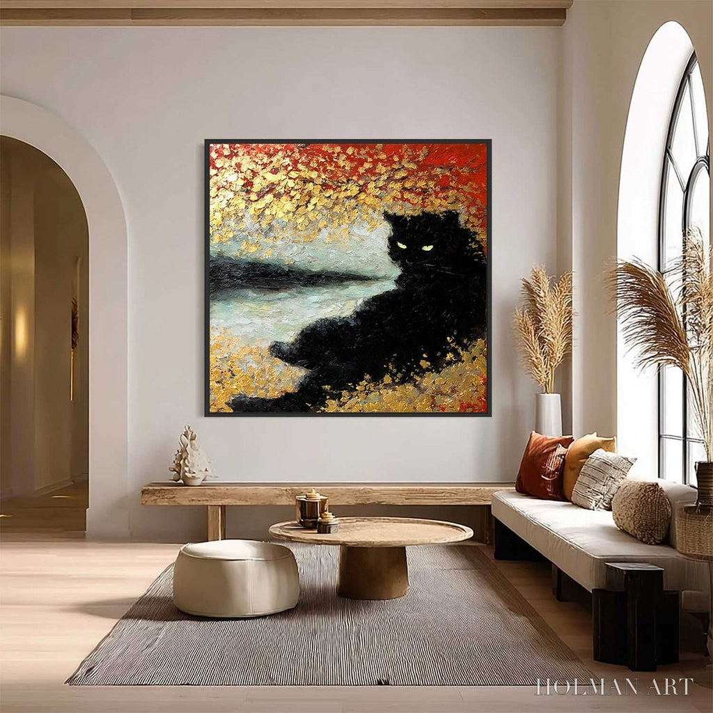 HOLMAN ART Golden Gaze – Textured Impasto Black Cat Painting with Gold Leaf - image 2