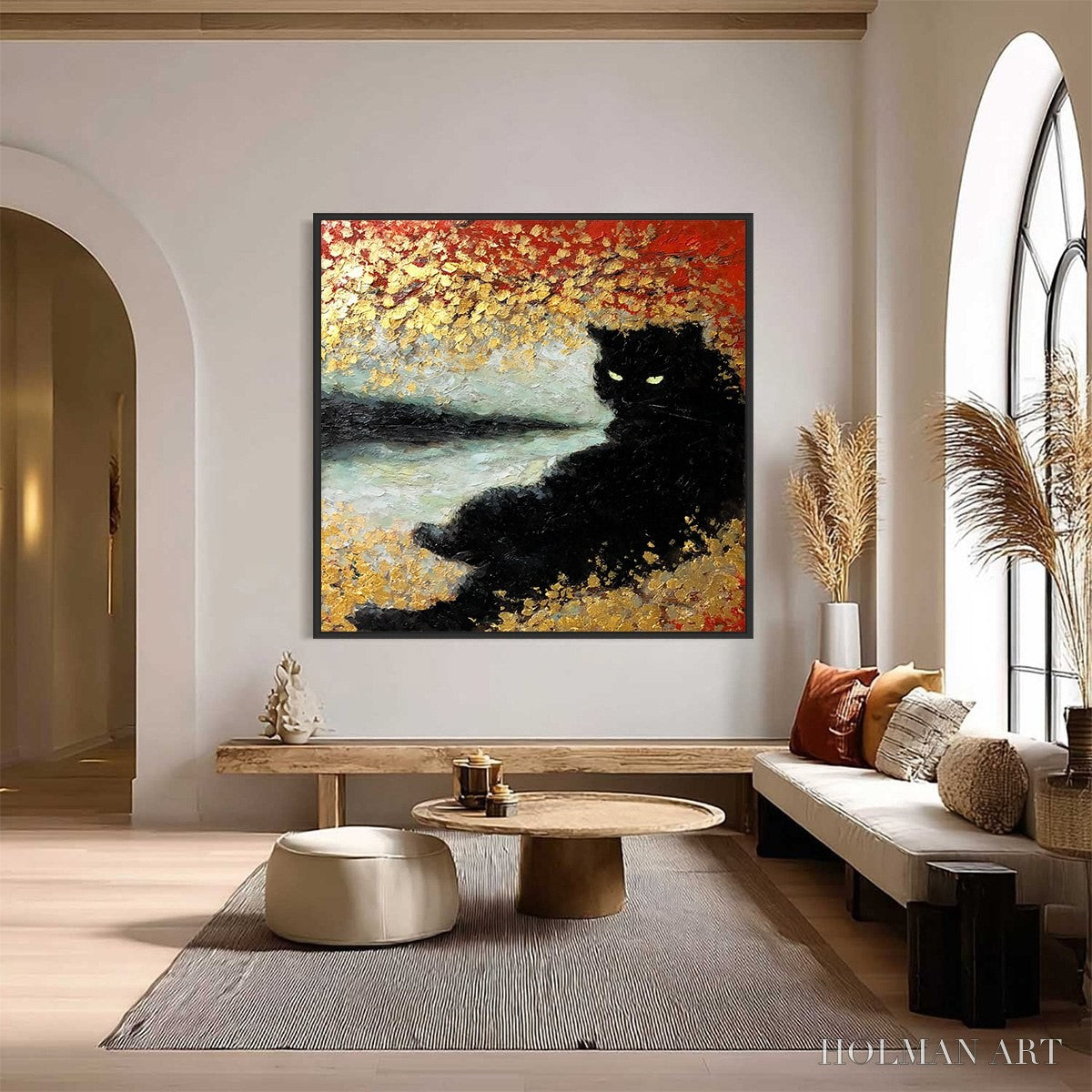 HOLMAN ART Golden Gaze – Textured Impasto Black Cat Painting with Gold Leaf - image 2