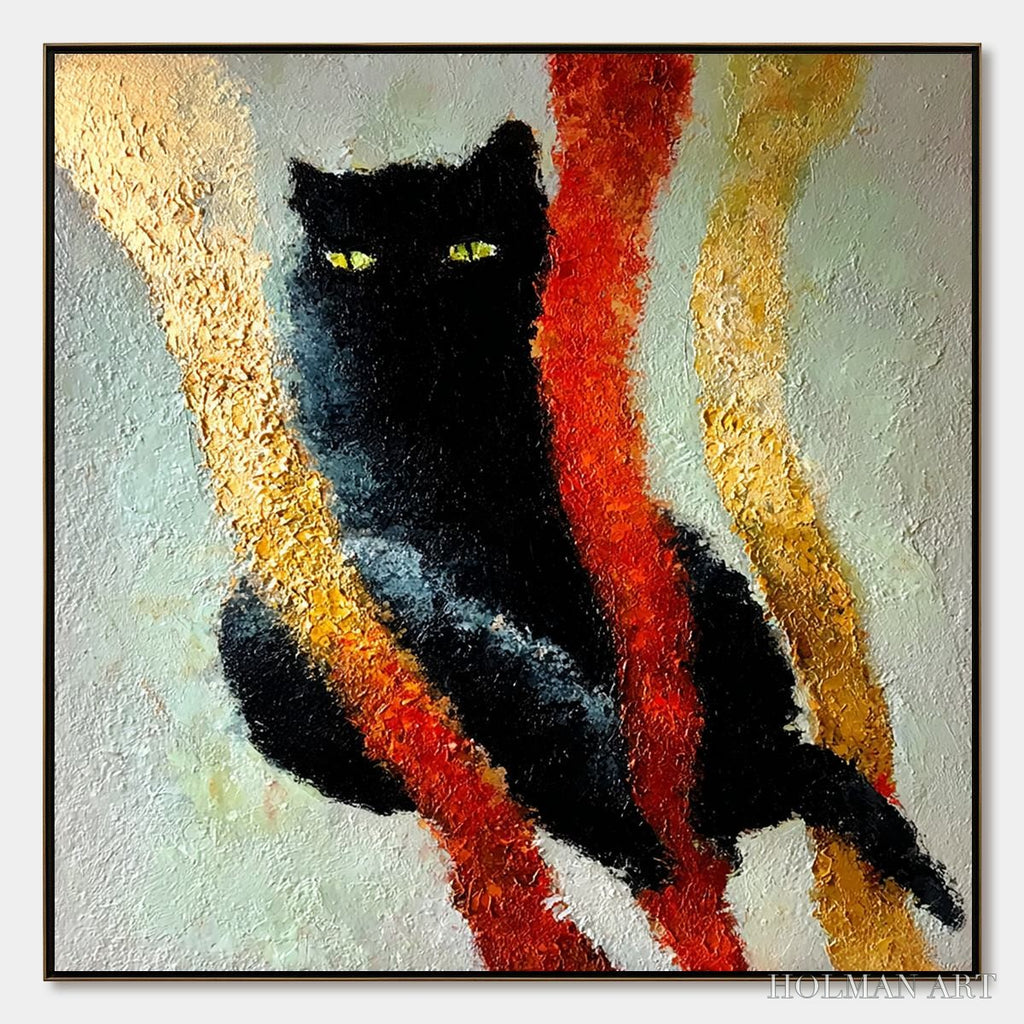 HOLMAN ART Golden Gaze – Textured Impasto Black Cat Painting with Golden Accents - image 1