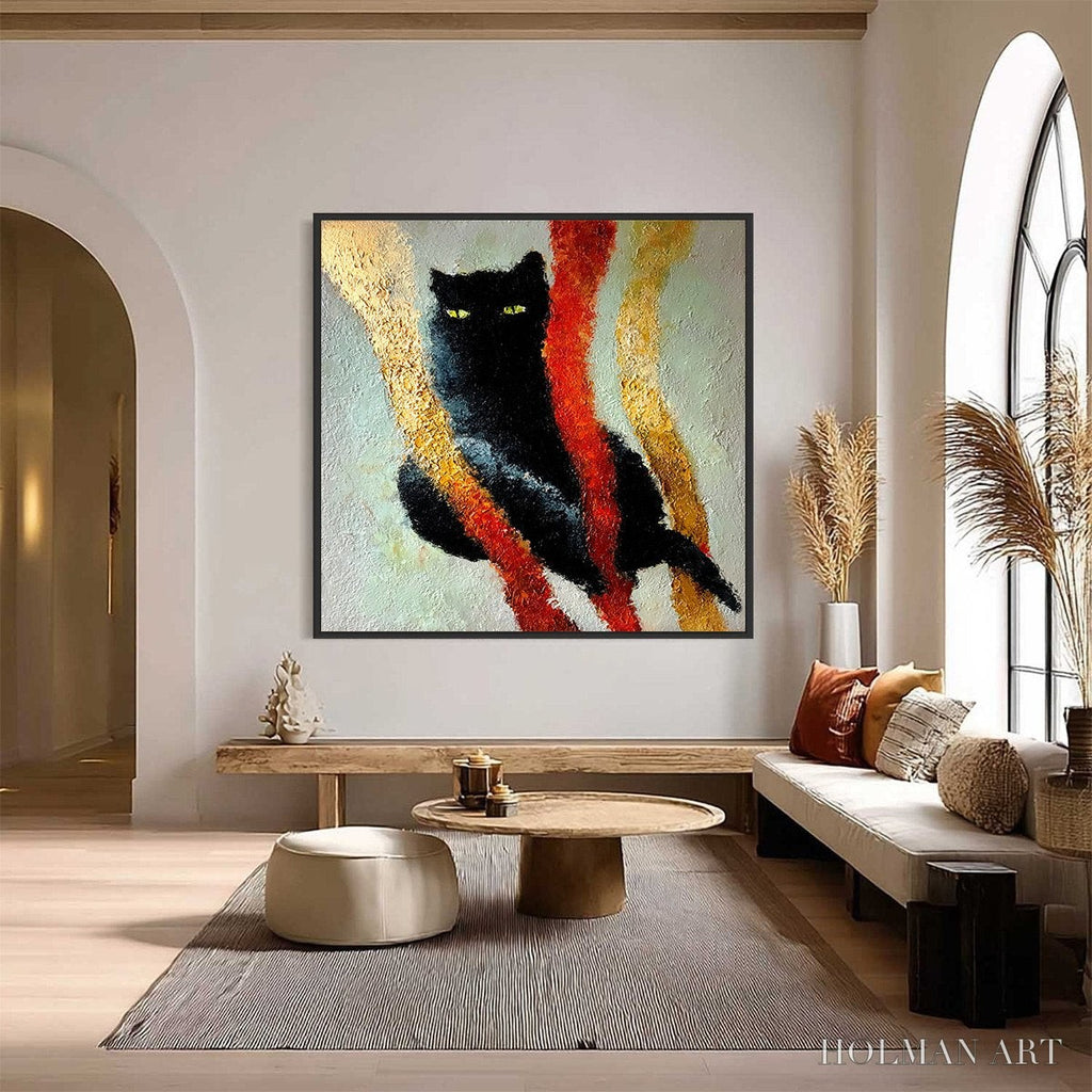HOLMAN ART Golden Gaze – Textured Impasto Black Cat Painting with Golden Accents - image 2