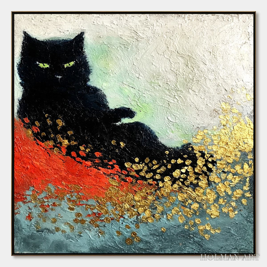 HOLMAN ART Midnight Reign – Abstract Black Cat Painting with Gold Leaf Texture - image 1