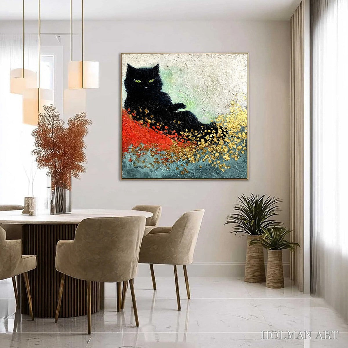 HOLMAN ART Midnight Reign – Abstract Black Cat Painting with Gold Leaf Texture - image 4