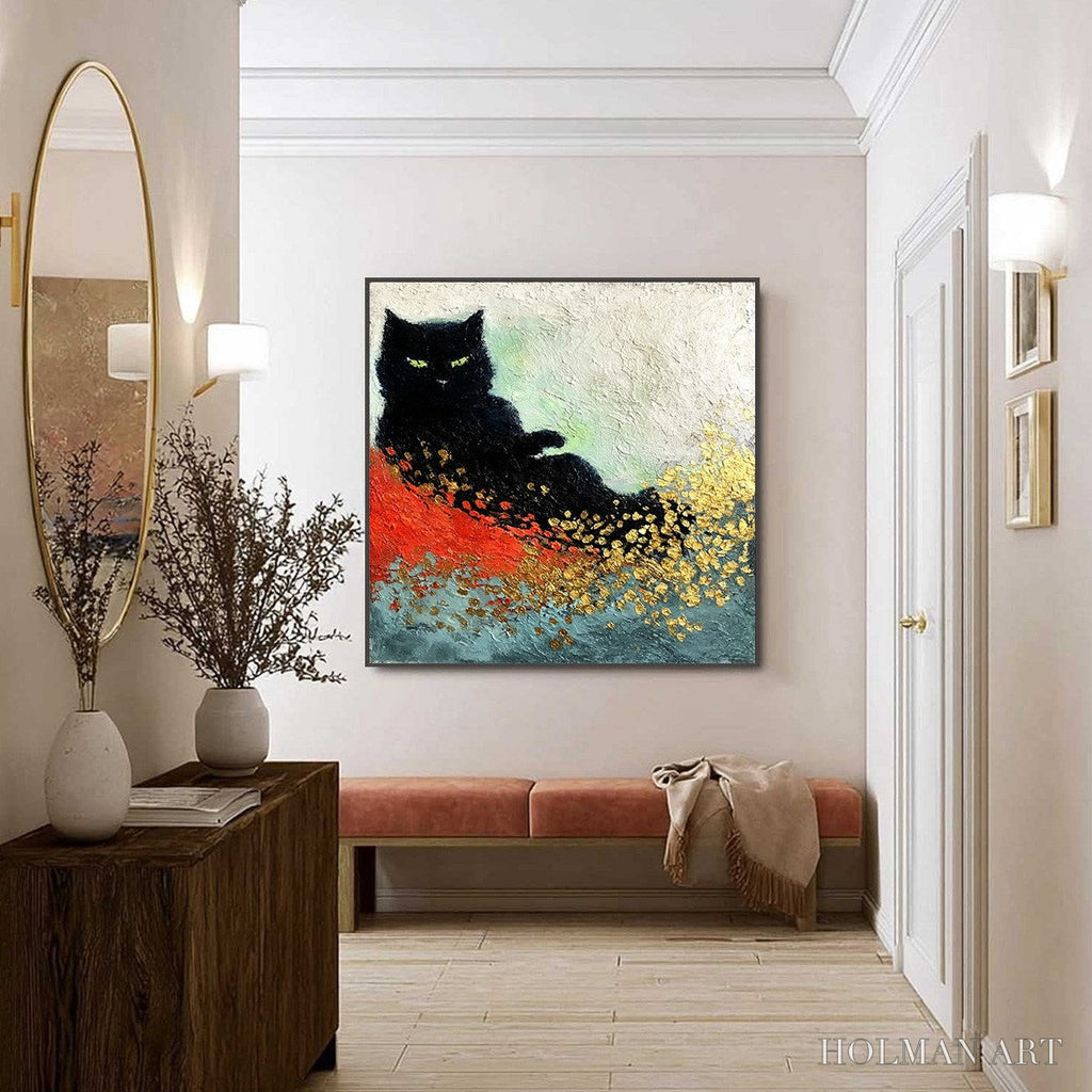 HOLMAN ART Midnight Reign – Abstract Black Cat Painting with Gold Leaf Texture - image 6