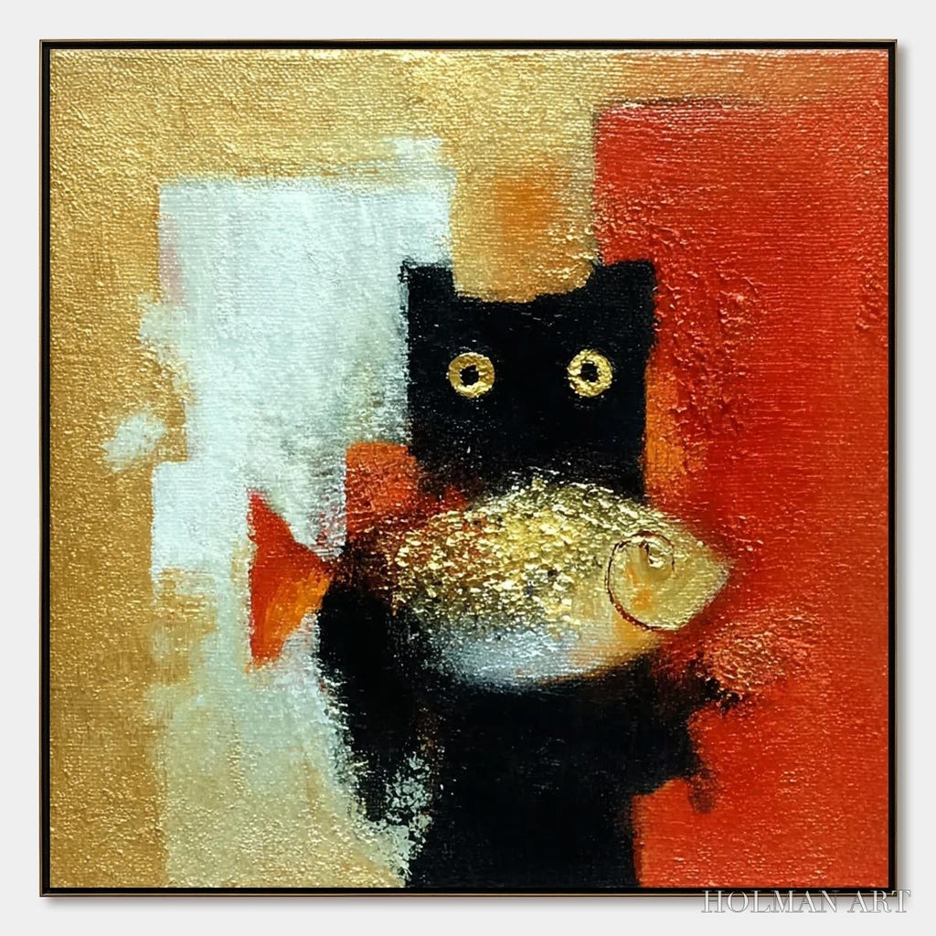 HOLMAN ART the Golden Catch – Whimsical Abstract Black Cat with Golden Fish Painting - image 1
