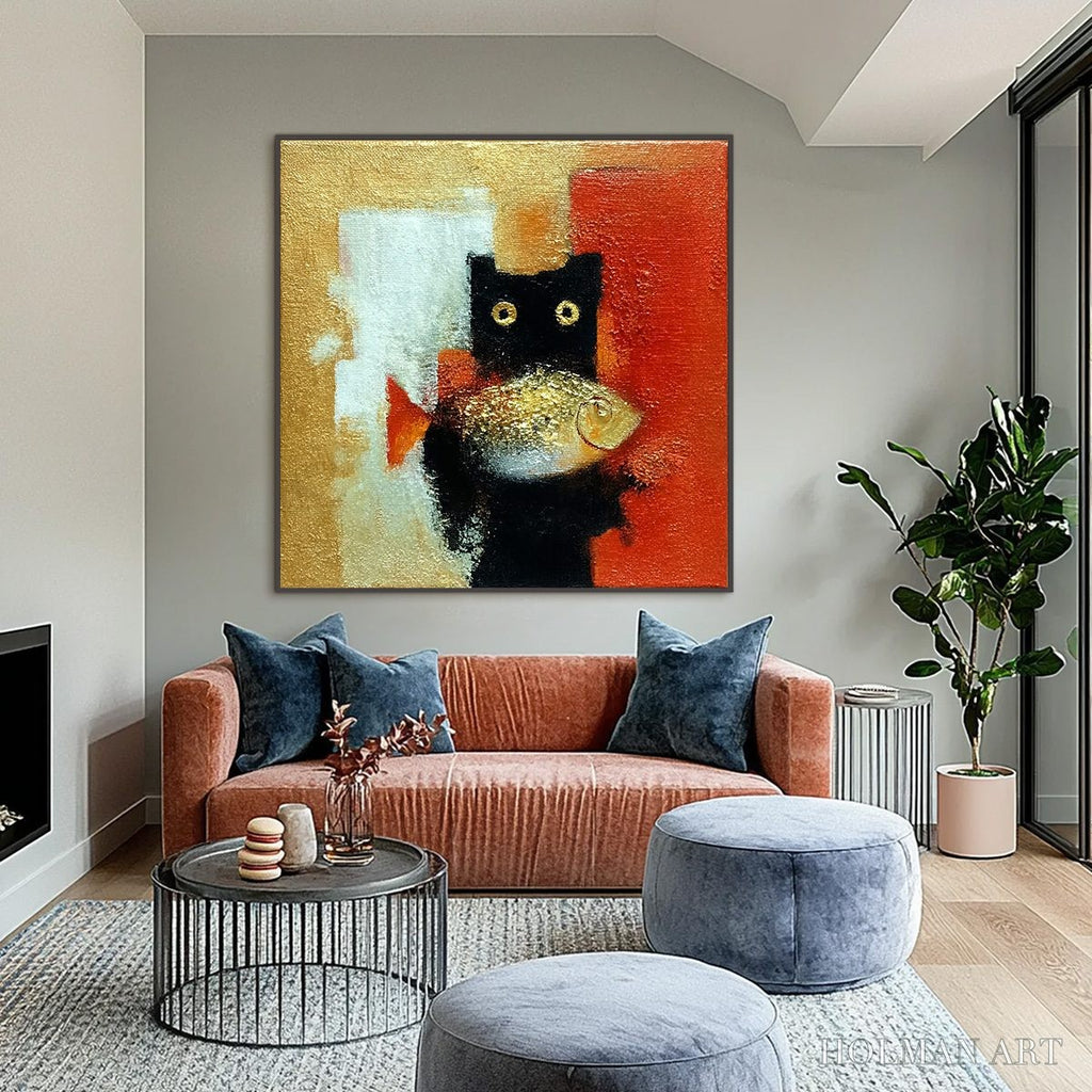 HOLMAN ART the Golden Catch – Whimsical Abstract Black Cat with Golden Fish Painting - image 2