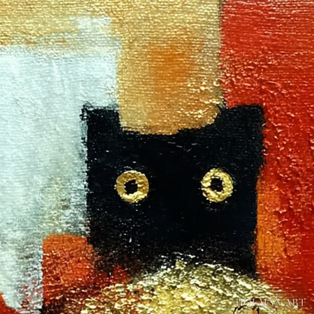 HOLMAN ART the Golden Catch – Whimsical Abstract Black Cat with Golden Fish Painting - image 3