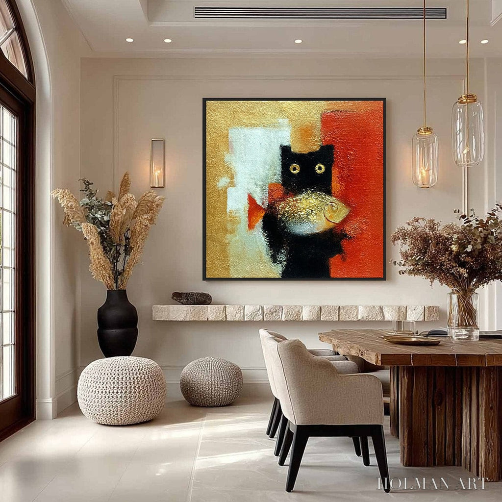 HOLMAN ART the Golden Catch – Whimsical Abstract Black Cat with Golden Fish Painting - image 4