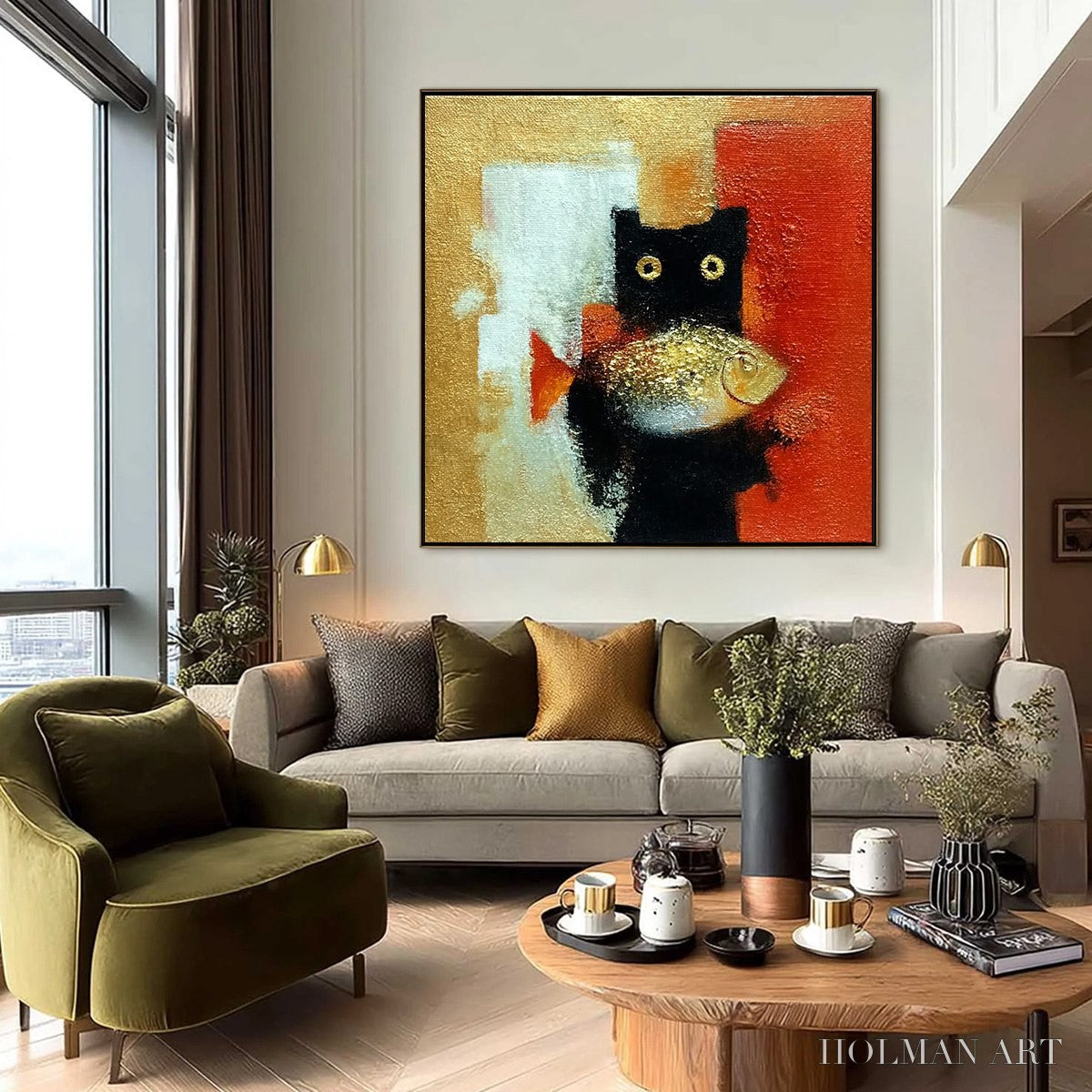 HOLMAN ART the Golden Catch – Whimsical Abstract Black Cat with Golden Fish Painting - image 6