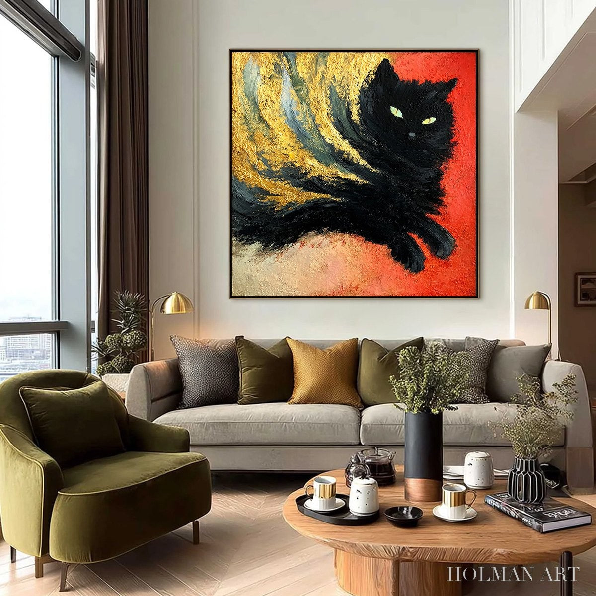 HOLMAN ART Ember Eyes – Bold Abstract Black Cat Painting with Gold Leaf - image 6