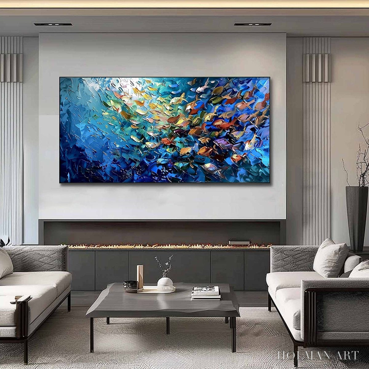HOLMAN ART Oceanic Convergence – Textured Impasto Painting of a Vibrant School of Fish - image 2