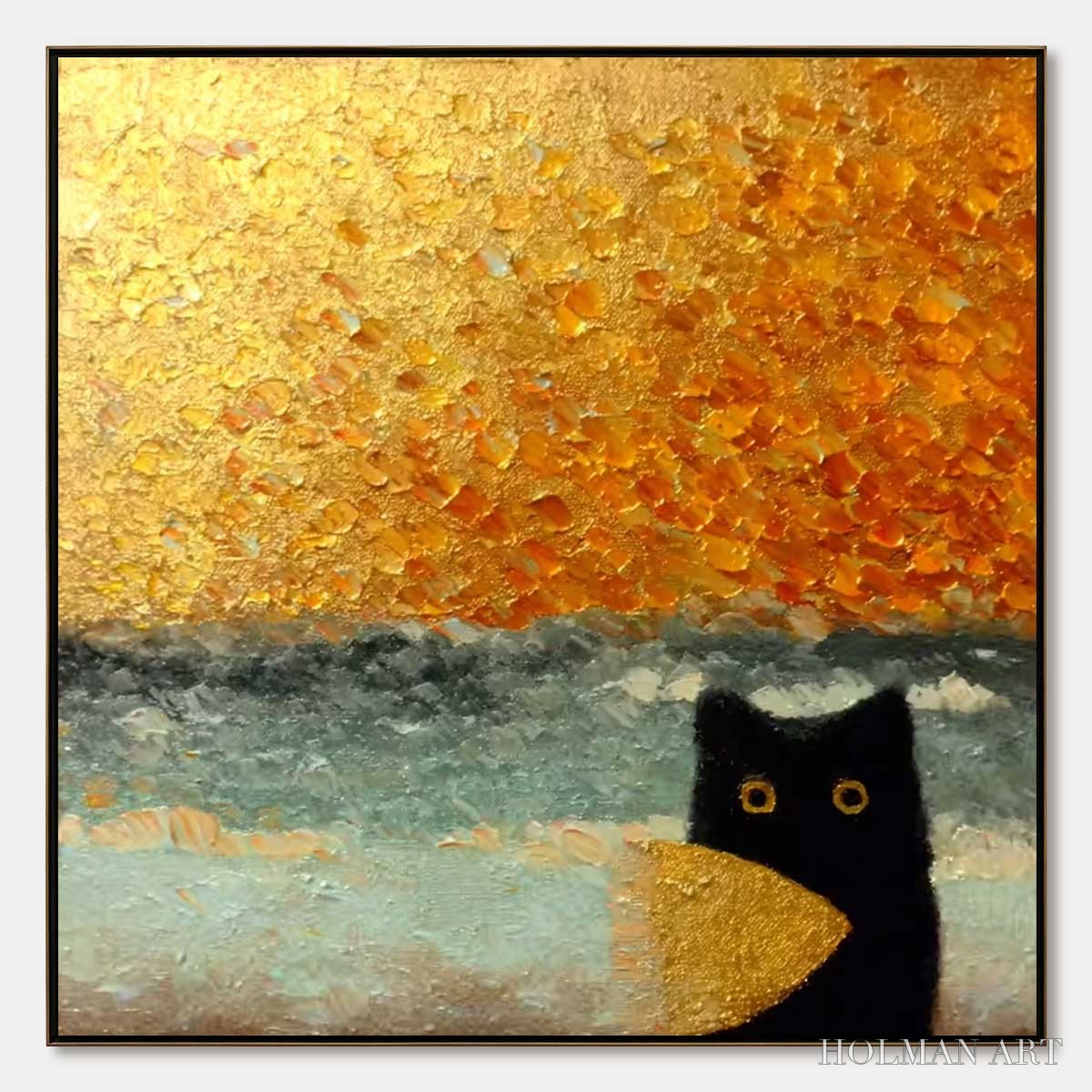 HOLMAN ART Golden Catch – Textured Gold Leaf Abstract Cat Painting - image 1