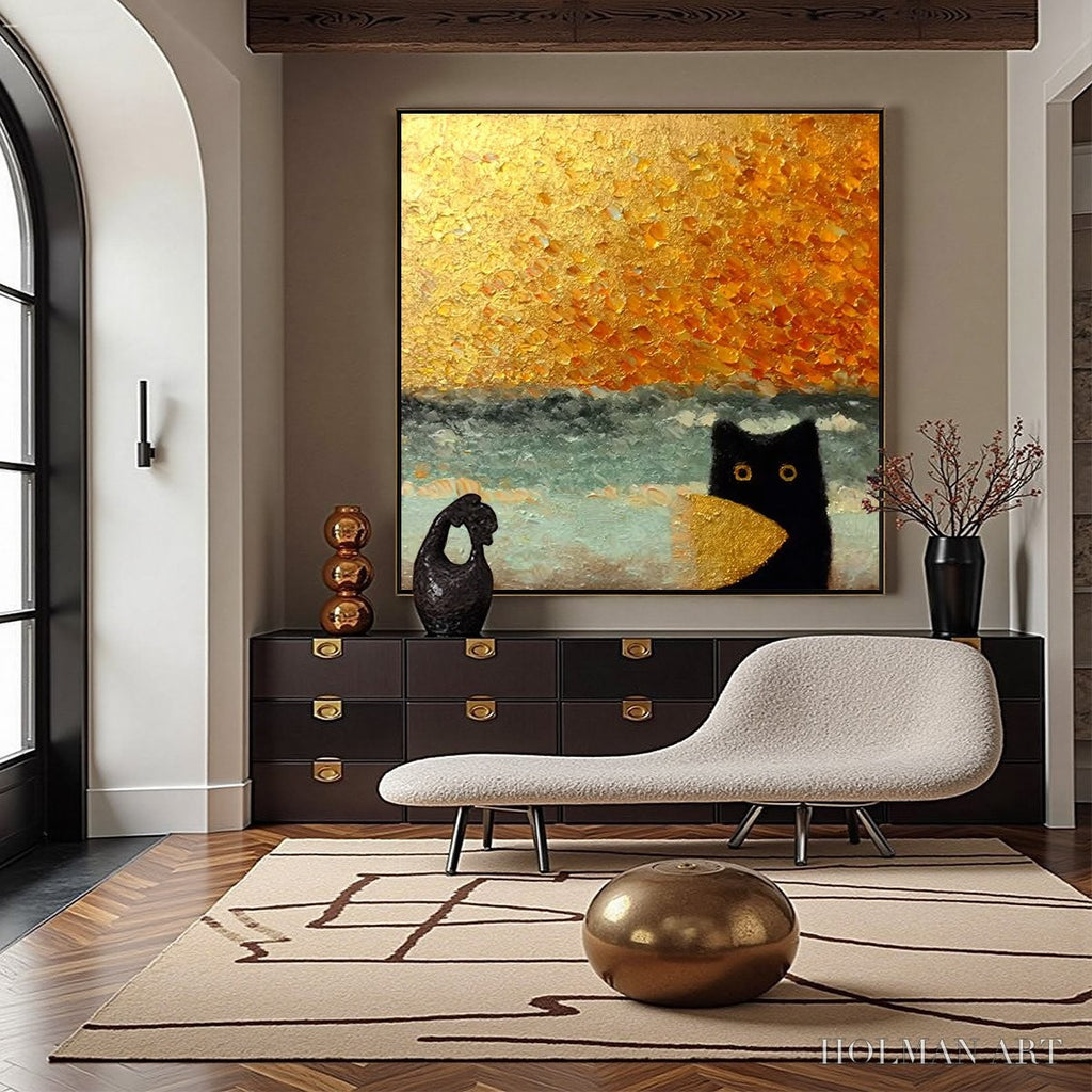 HOLMAN ART Golden Catch – Textured Gold Leaf Abstract Cat Painting - image 2