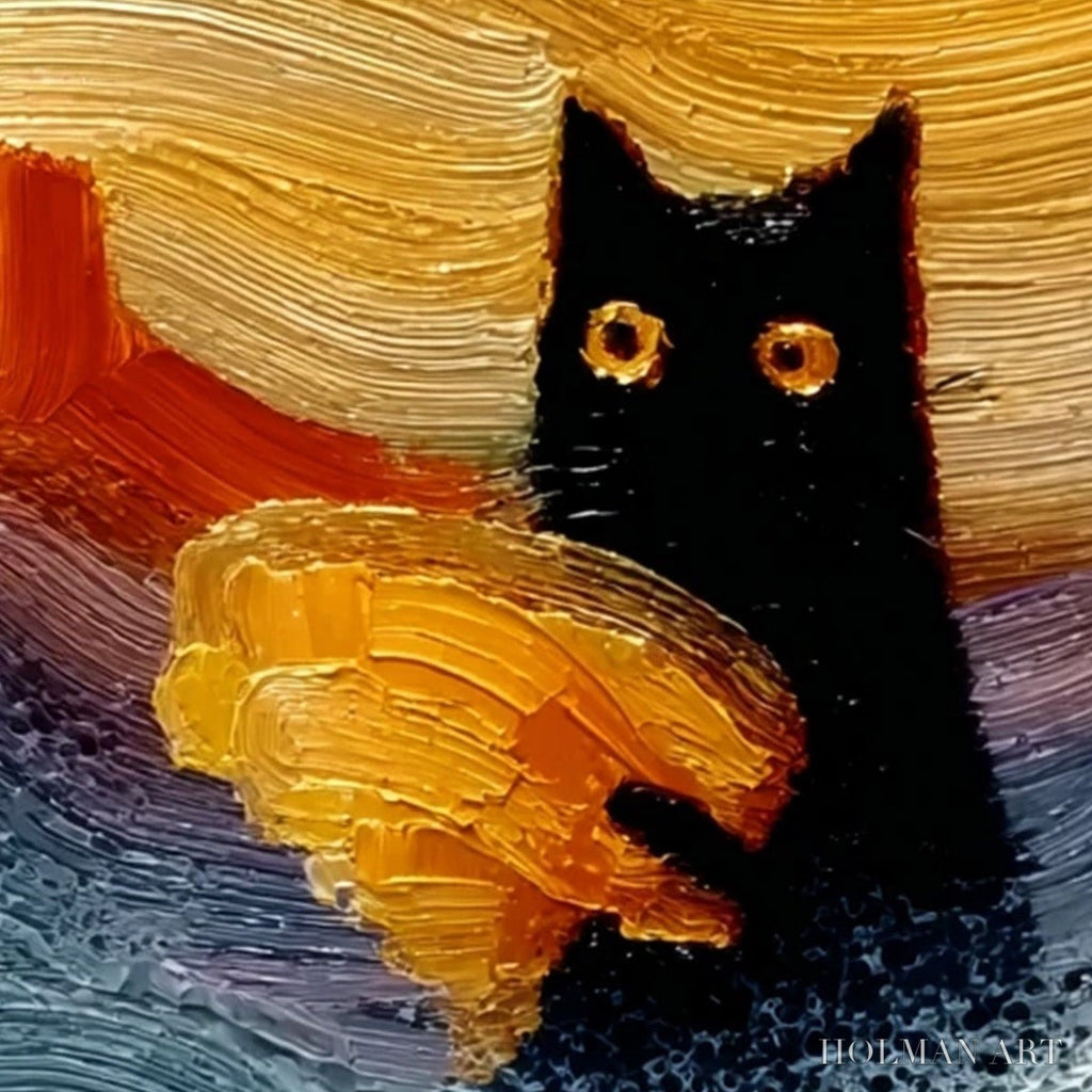 HOLMAN ART Lunar Thief – Whimsical Black Cat Impasto Texture Painting - image 3