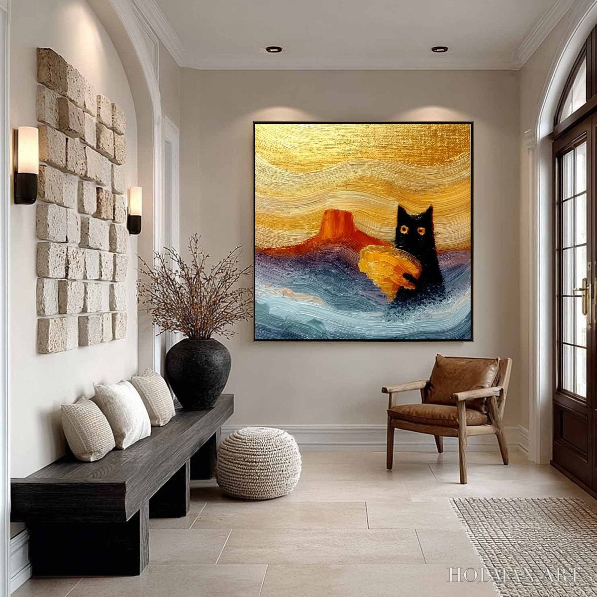 HOLMAN ART Lunar Thief – Whimsical Black Cat Impasto Texture Painting - image 4