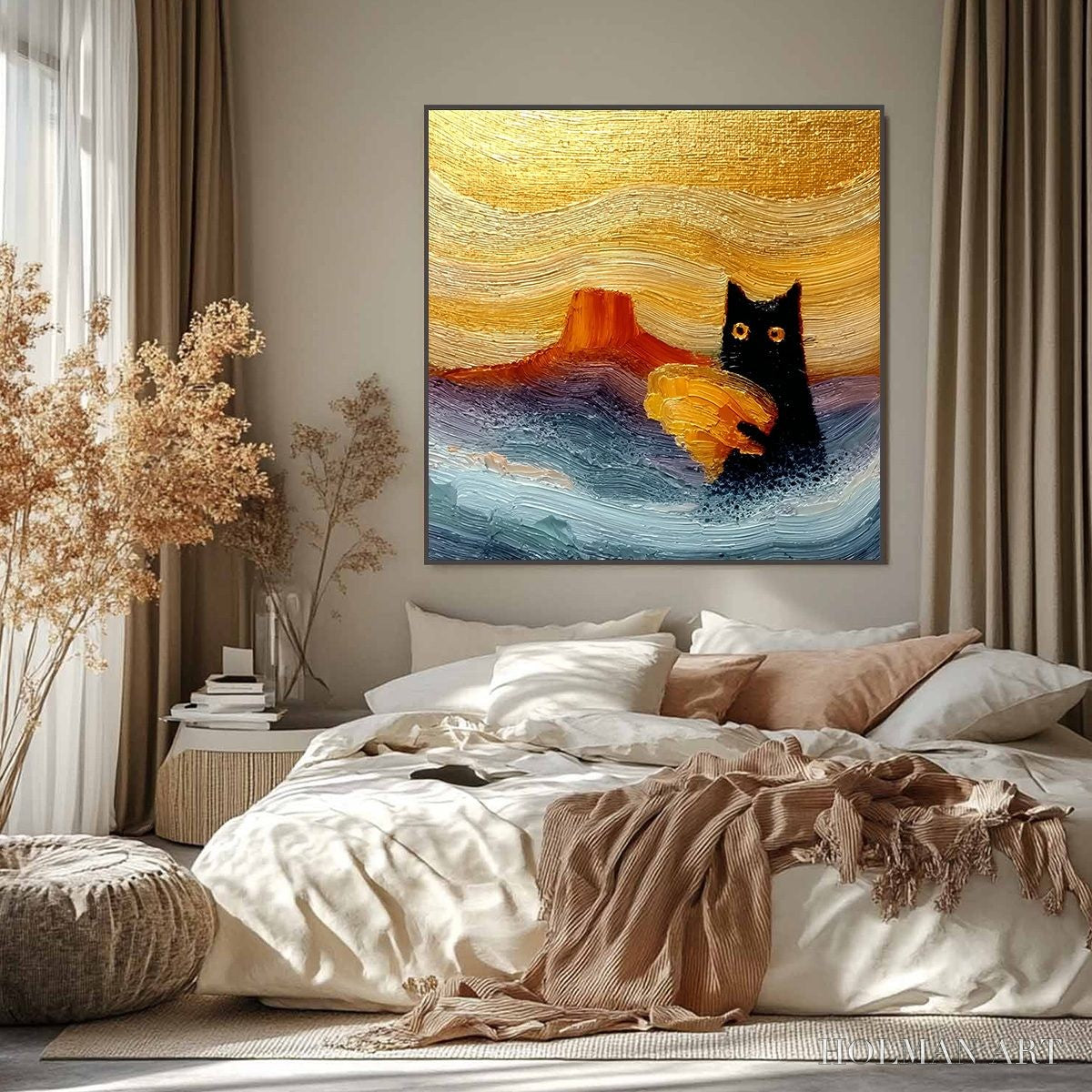 HOLMAN ART Lunar Thief – Whimsical Black Cat Impasto Texture Painting - image 6