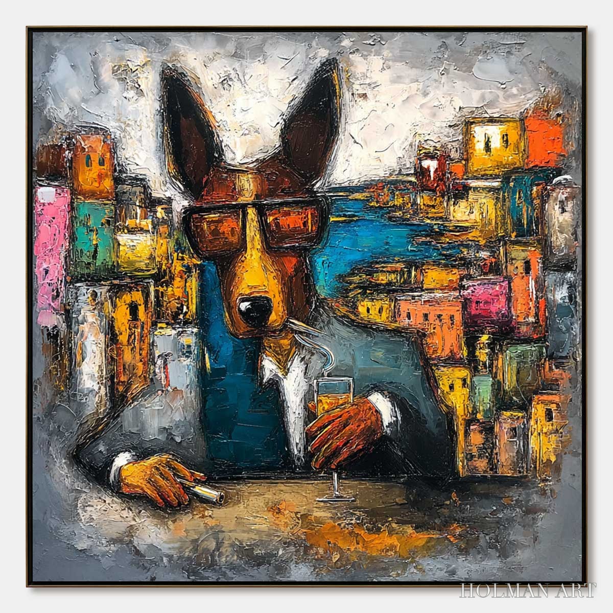 HOLMAN ART the Chairman – Textured Impasto Painting of a Dapper Dog in the City - image 1