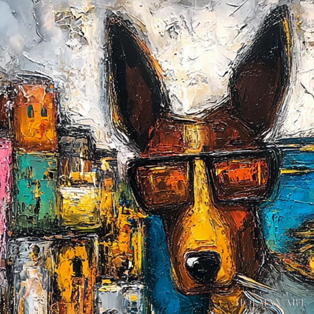 HOLMAN ART the Chairman – Textured Impasto Painting of a Dapper Dog in the City - image 3