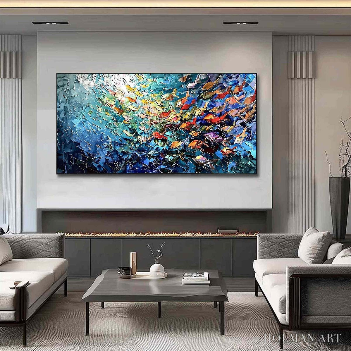 HOLMAN ART River of Life – Colorful Abstract Fish School Impasto Oil Painting - image 4