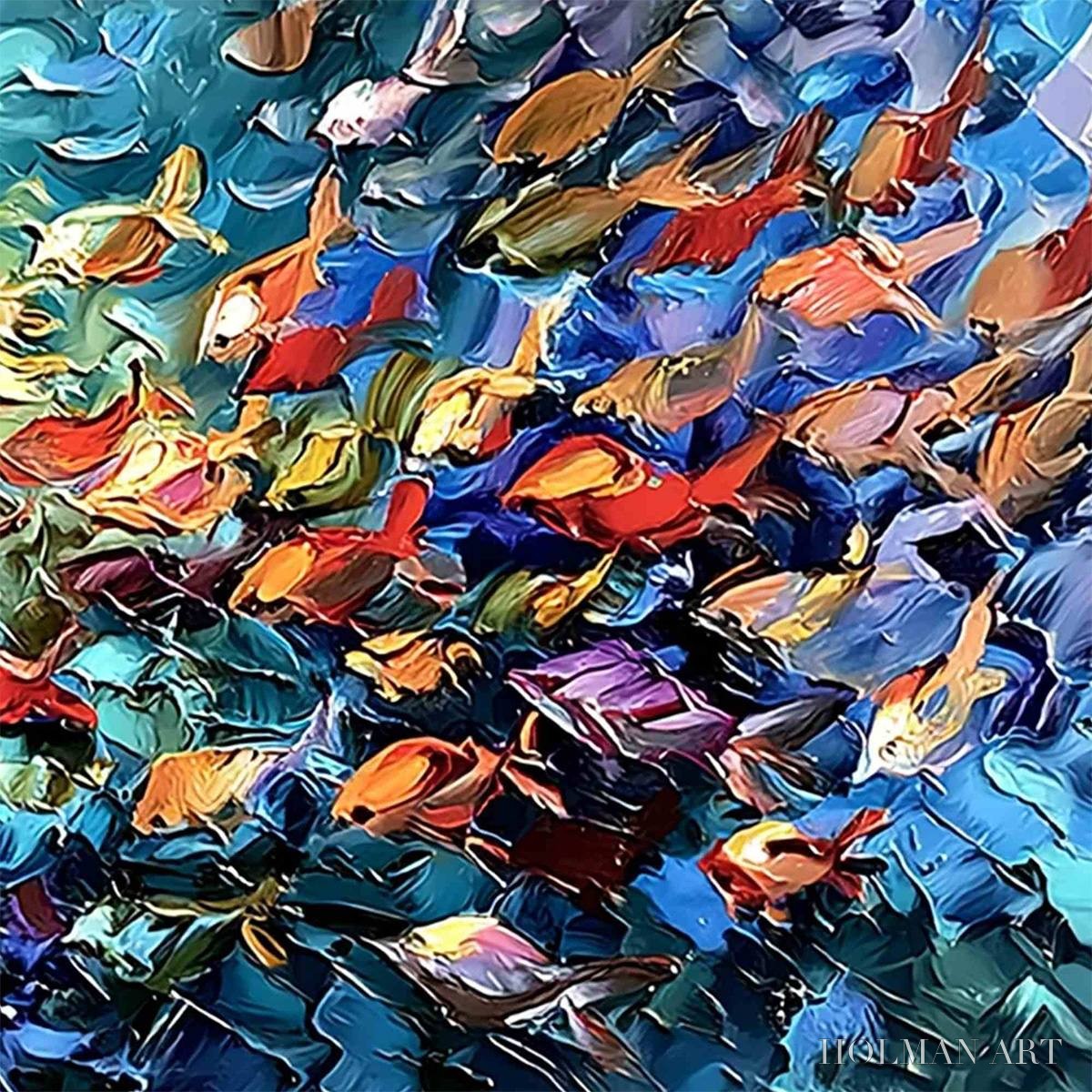 HOLMAN ART River of Life – Colorful Abstract Fish School Impasto Oil Painting - image 5